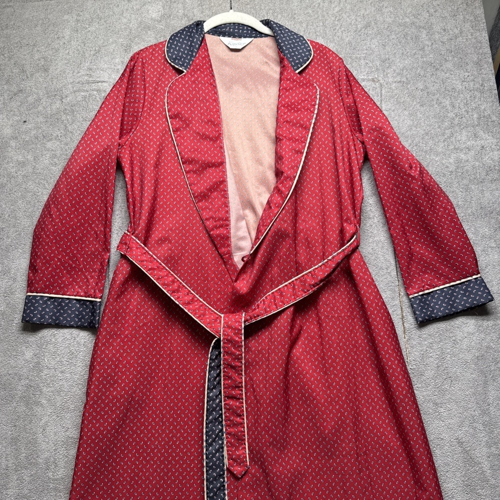Vintage Kayser Women's Red Gray Robe Small Paisley Trim Belted Lounge Sleepwear‎